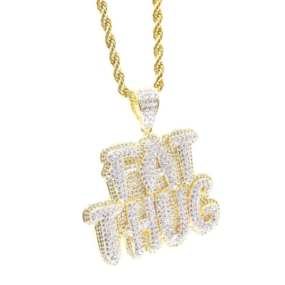14k Gold Finish Lab Diamond FAT THUG Charm Chain - Picture 2 of 4